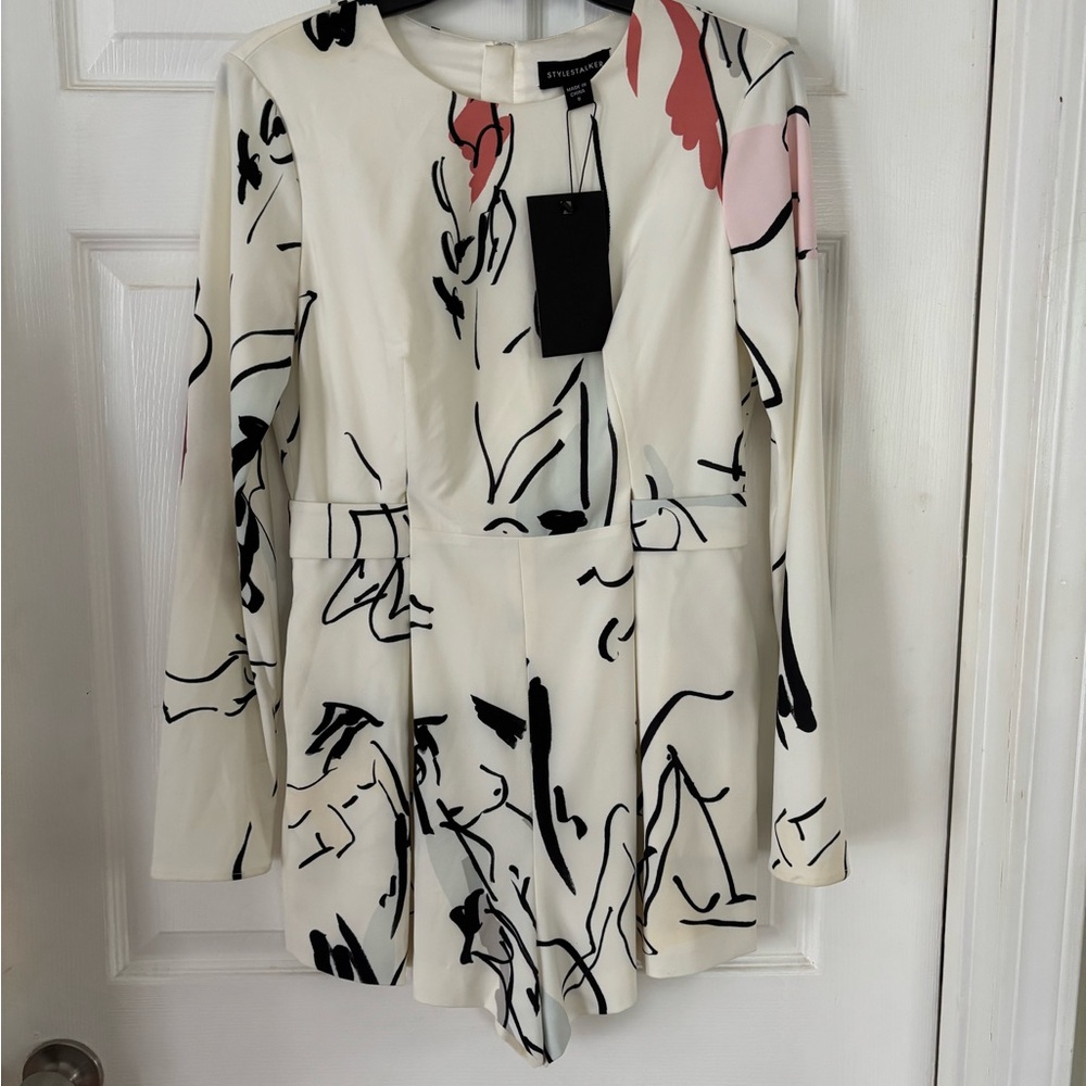 White Abstract Print Long Sleeve ROMPER